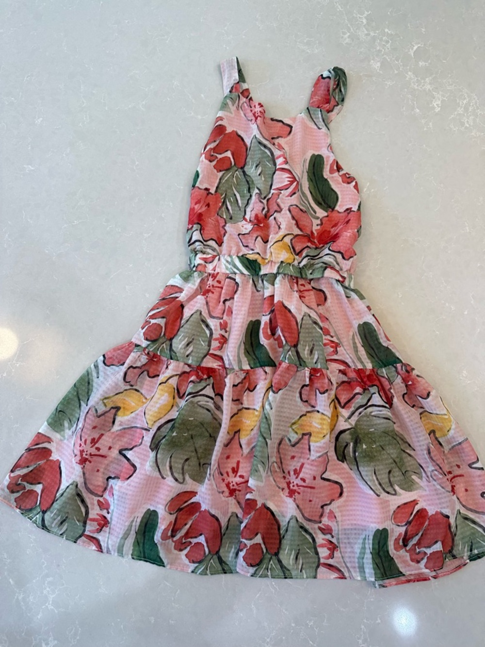 Mayoral Pink Floral Tiered Sundress with Green Leaf Print